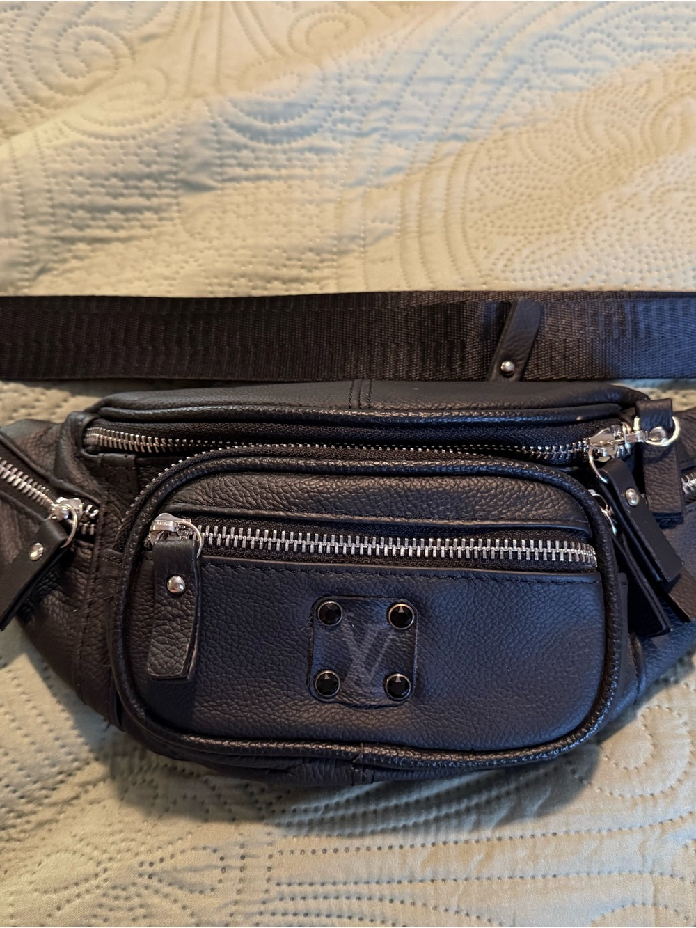 Spark*l Bands Black Leather Belt Bag with Upcycled LV logo patch